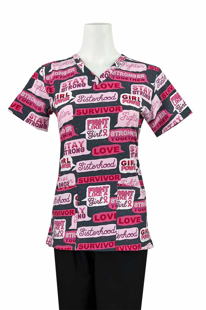 An Essentials Women's Breast Cancer Awareness Print Top in "Breast Cancer Conversation Black" featuring a total of 3 pockets for all of your on the job storage needs.
