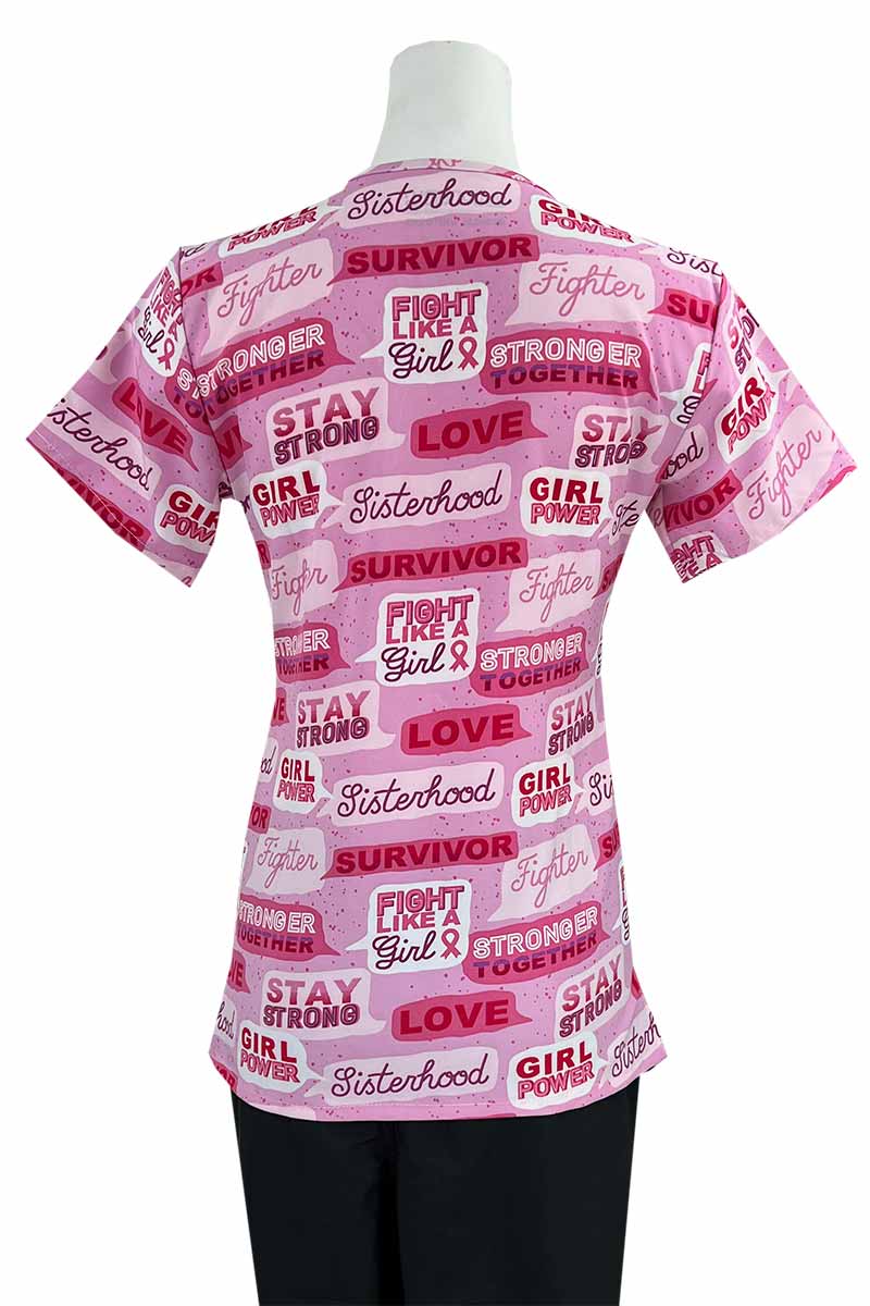 A Women's Breast Cancer Awareness Print Top from Essentials in "Breast Cancer Conversation Pink" featuring an easy care, quick drying fabric that prevents sagging.