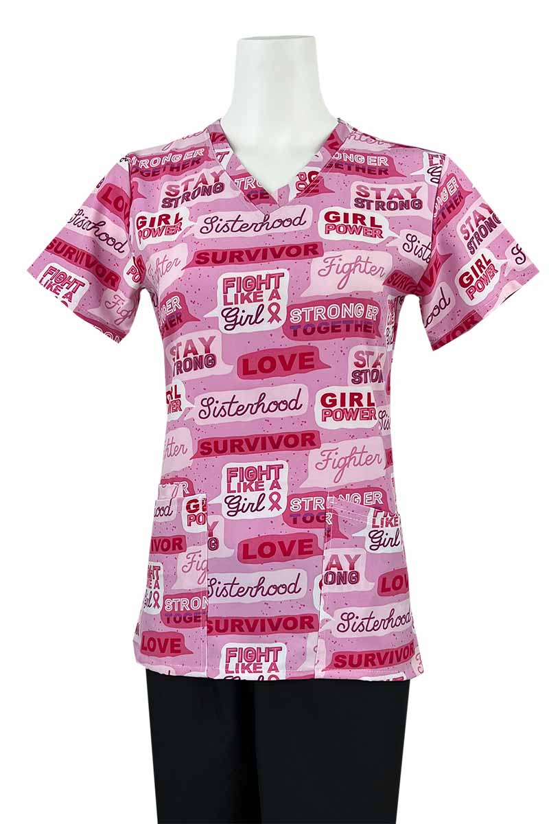 An Essentials Women's Breast Cancer Awareness Print Top in "Breast Cancer Conversation Pink" featuring a total of 3 pockets for all of your on the job storage needs.