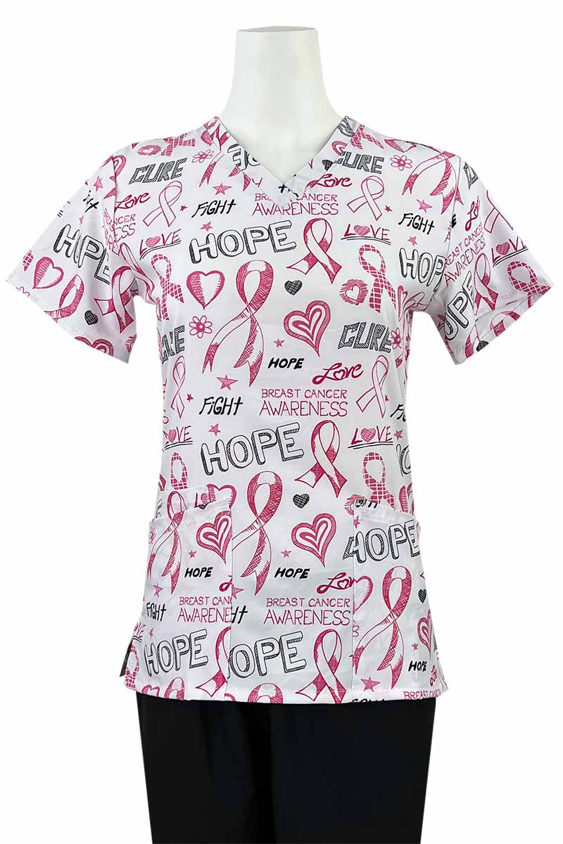 An Essentials Women's Breast Cancer Awareness Print Top in "Breast Cancer Jett" featuring a total of 3 pockets for all of your on the job storage needs.