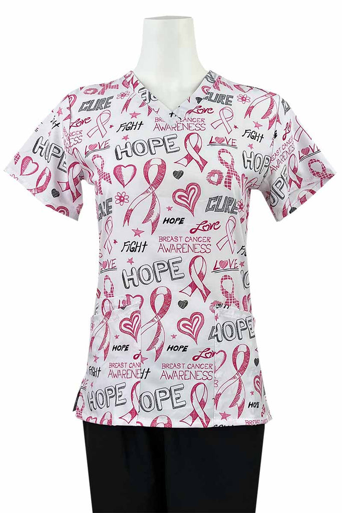 An Essentials Women's Breast Cancer Awareness Print Top in "Breast Cancer Jett" featuring a total of 3 pockets for all of your on the job storage needs.