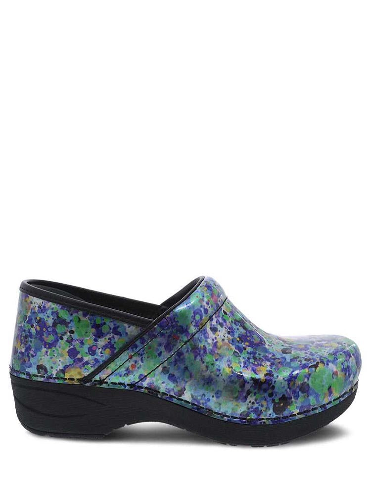 A single XP 2.0 Nurse Shoe from Dansko in Watercolor Dots Patent with a heel height of 1.7".