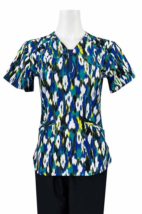 A Women's Zip Neck Scrub Top from Essentials in "Royal Abstract" featuring a chic zip up neckline & stylish seaming throughout.