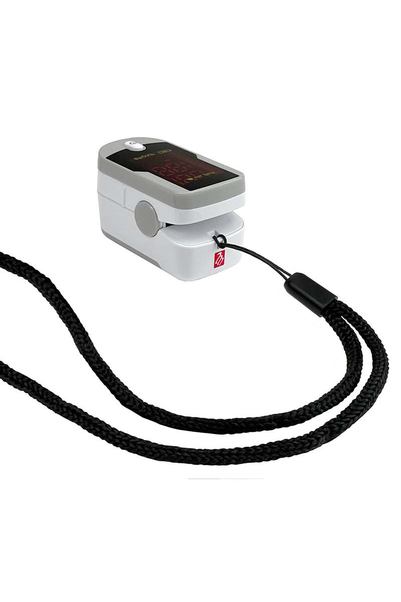 A close up image of the Prestige Medical Fingertip Pulse Oximeter in Black & white featuring a nylon lanyard for easy carrying.