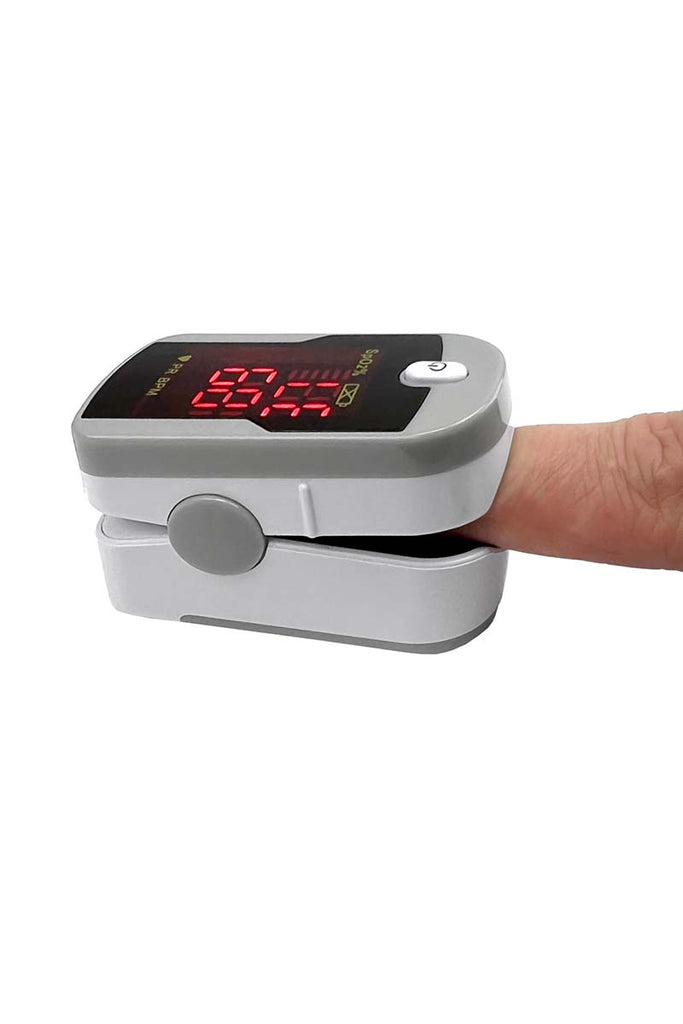 An image of the Prestige Medical Fingertip Pulse Oximeter in Black & White featuring an LED display screen that can display information in two directions.