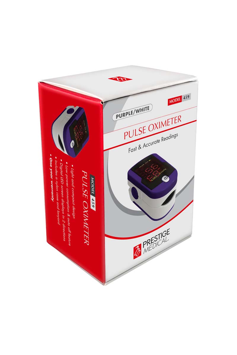 An image of the Prestige Medical Fingertip Pulse Oximeter box in Purple & White.