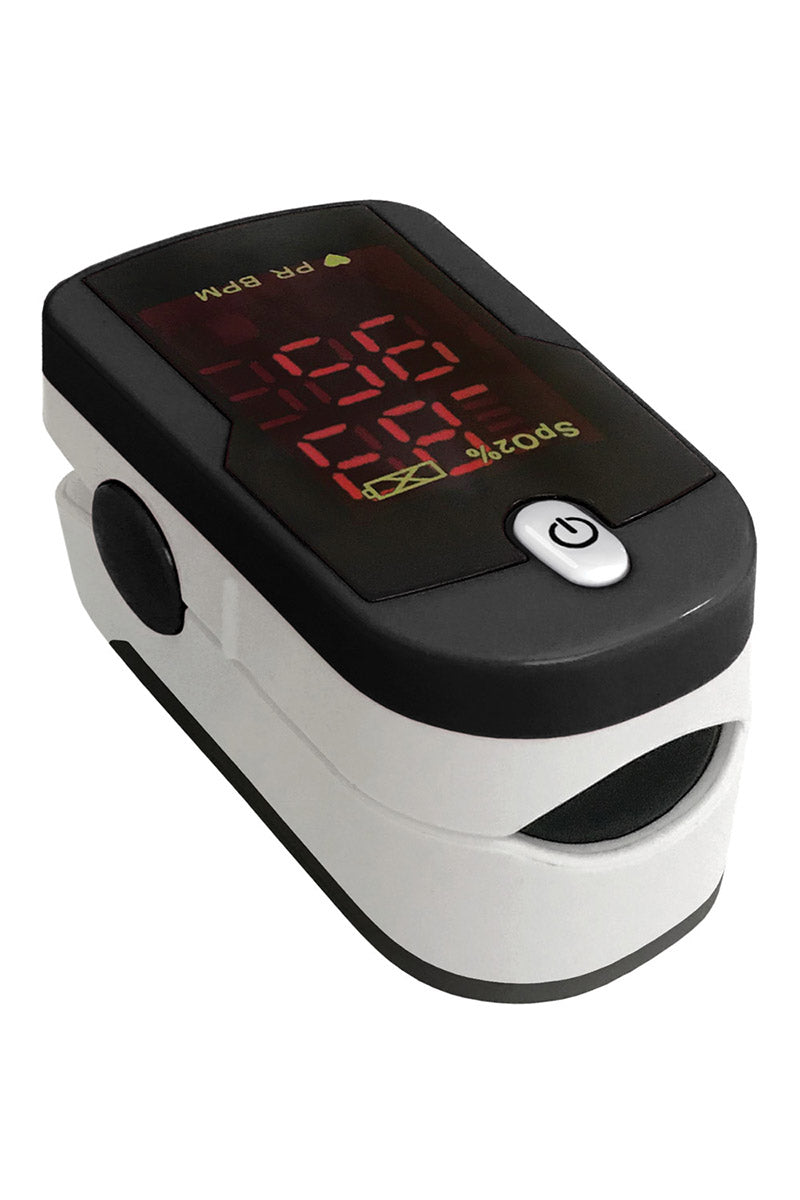 An image of the Prestige Medical Fingertip Pulse Oximeter in Black & White featuring a 1 year warranty.