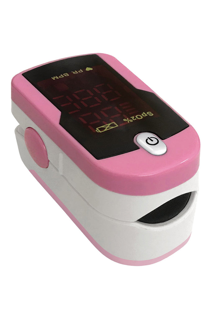An image of Prestige Medical Fingertip Pulse Oximeter in Hot Pink & White featuring 2 AAA batteries.