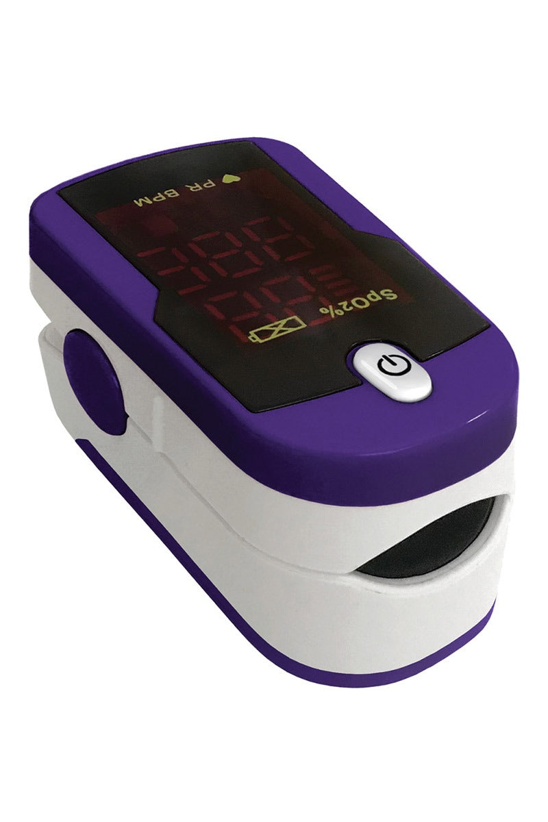 An image of the Prestige Medical Fingertip Pulse Oximeter in Purple & White featuring an LED display screen that can display information in two directions.