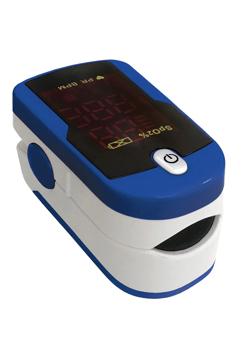 An image of the Prestige Medical Fingertip Pulse Oximeter in Royal & White featuring a lightweight & compact design.