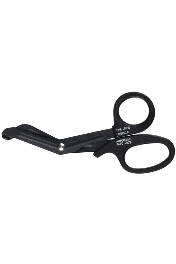 An image of the Prestige Medical 5.5" Premium Fluoride Scissor in black featuring a non-stick surface for cutting tape or bandages.