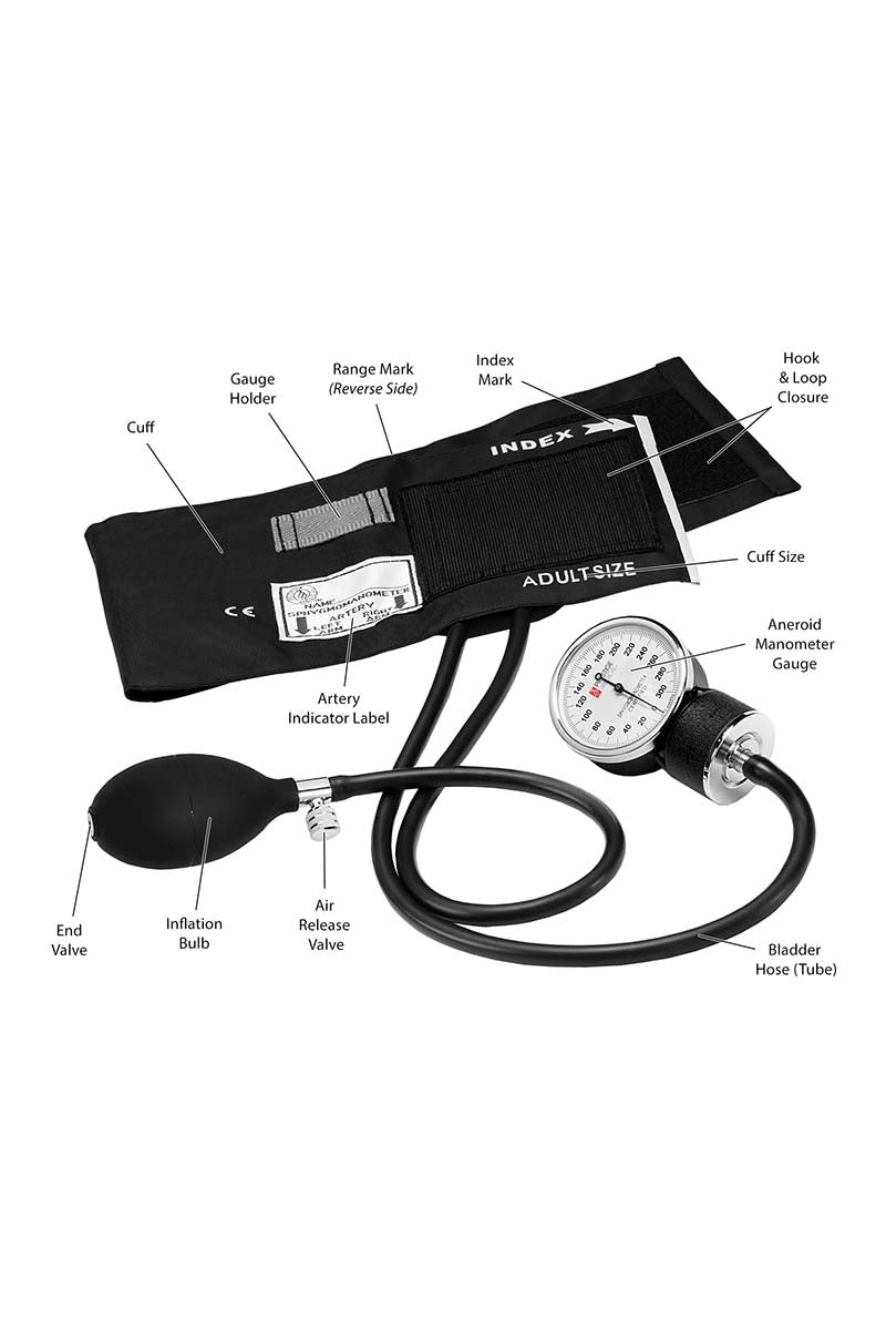 An image of the Prestige Medical Basic Aneroid Sphygmomanometer showcasing the cuff, gauge holder, end valve, inflation bulb and the hook & loop closure.
