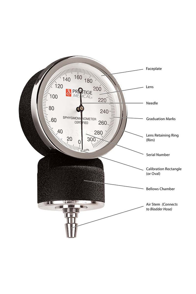 An up close image of the Aneroid Manometer Gauge of the Prestige Medical Basic Aneroid Sphygmomanometer showing the faceplate, lens, needle, graduation marks & bellows chamber.