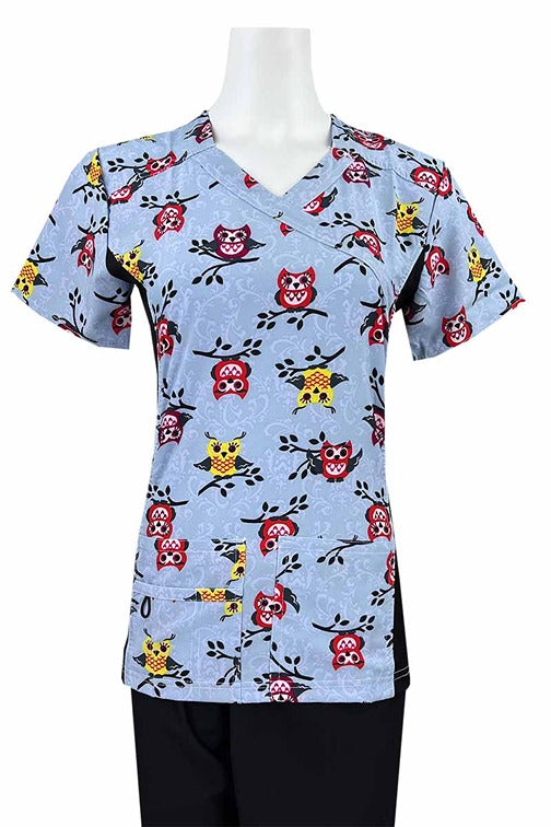 A Women's Mock Wrap Side Panels Scrub Top from Essentials in "Hootie" featuring side stretch panels & an easy care, quick drying fabric that prevents sagging.
