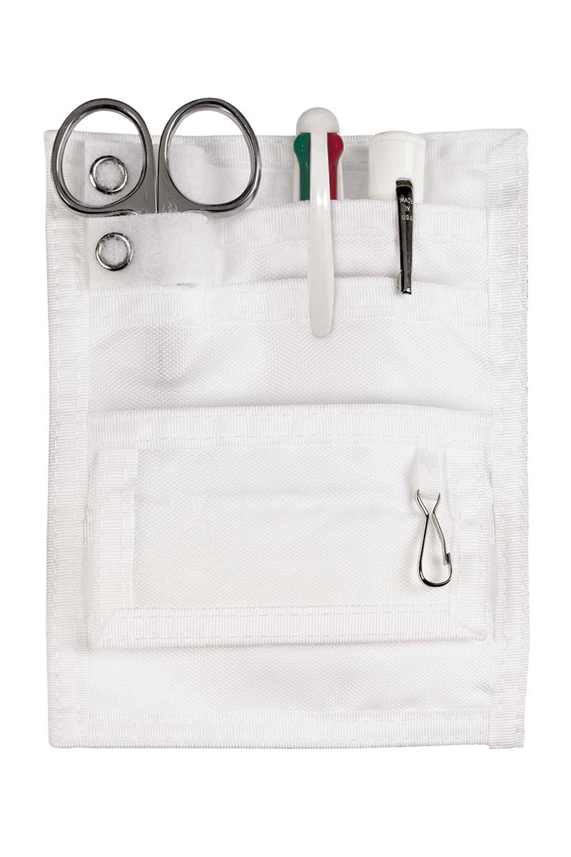 An alternate image of the Prestige Medical Belt Loop Organizer Kit in White featuring a disposable pupil gauge penlight, a 4 color chart pen & a 5.5" lister bandage scissor.