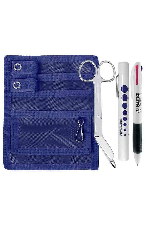 An image of the Prestige Medical Belt Loop Organizer Kit in Navy featuring 4 front pockets, including a hook and loop closure coin pocket.