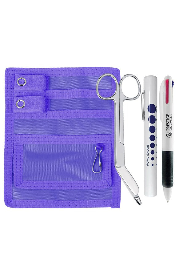 An image of the Prestige Medical Belt Loop Organizer Kit in Purple featuring a 4 color chart pen & a disposable pupil gauge penlight.