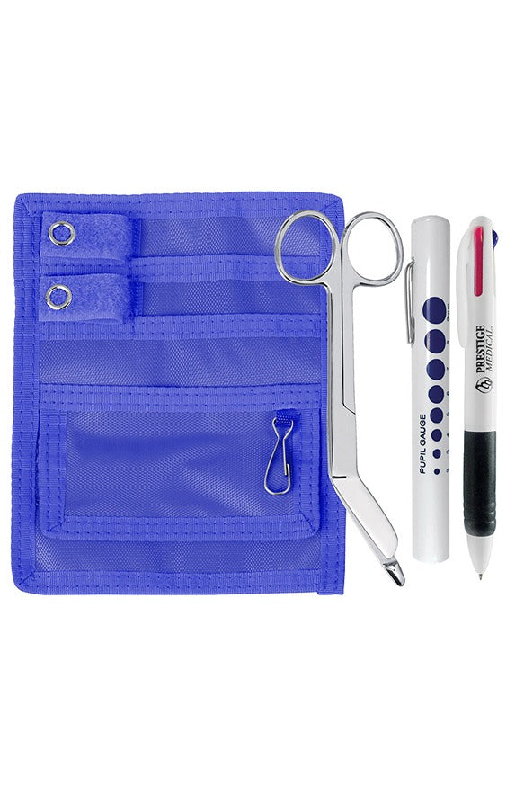 An image of the Prestige Medical Belt Loop Organizer Kit in Royal featuring a key chain clip & matching color tabs to secure instruments.