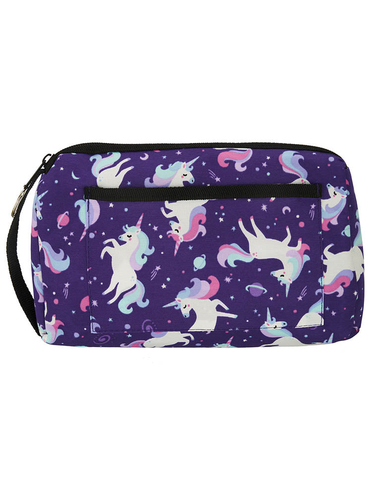 The Compact Carrying Case from Prestige Medical in "Unicorns Violet" featuring a side, slip pocket.