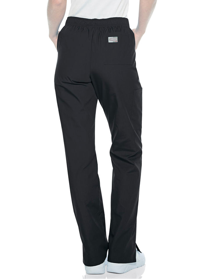 An image of the back of the Landau ScrubZone Women's Straight Leg Cargo Pants in Black size Large Tall featuring 1 back patch pocket.