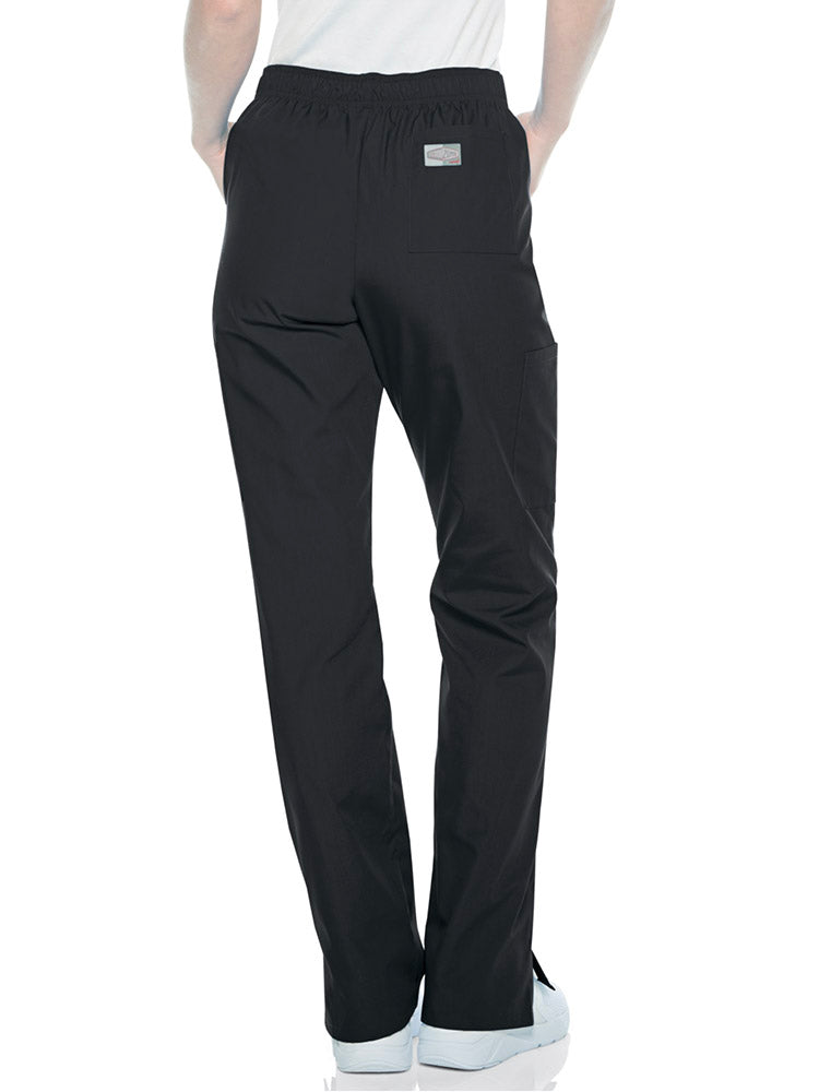 An image of the back of the Landau ScrubZone Women's Straight Leg Cargo Pants in Black size Large Tall featuring 1 back patch pocket.
