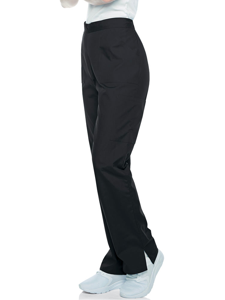 An image of a young LPN wearinga pair of Landau ScrubZone Women's Straight Leg Cargo Pants in Black size Medium Petite featuring side slots at the opening for easy slip-on and removal.