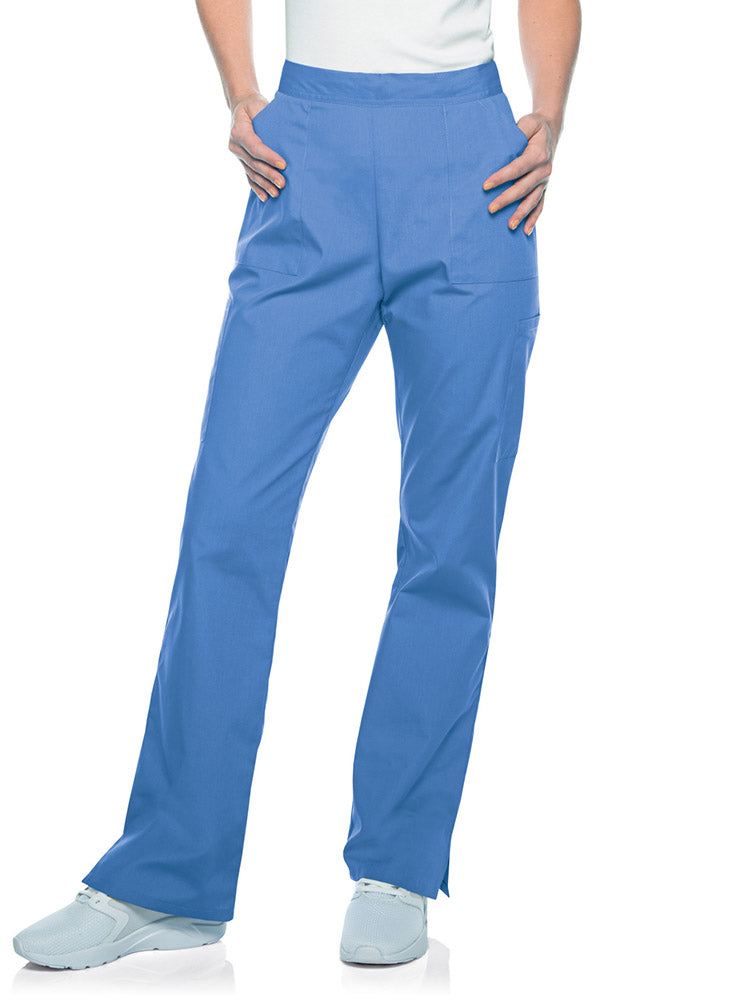 Young woman wearing a pair of Landau Scrub Zone Women's Straight Leg Cargo Pants in ceil.