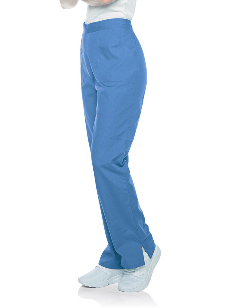 Young female healthcare professional wearing a pair of Landau Scrub Zone Women's Straight Leg Cargo Pants in ceil featuring a total of 5 pockets.