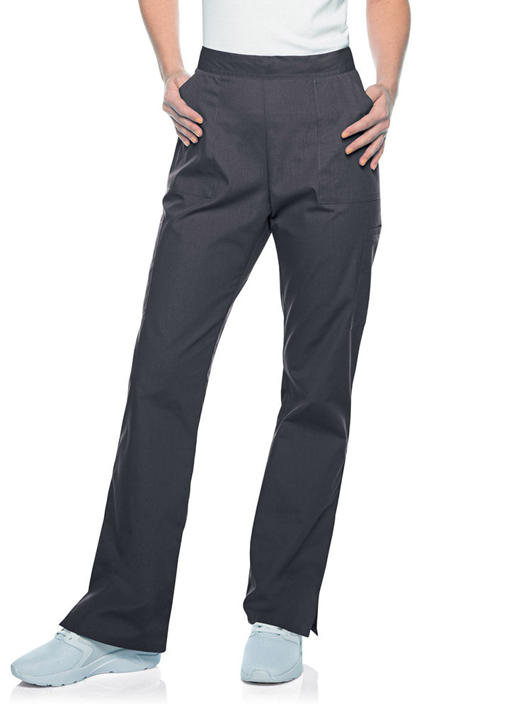 Young woman wearing a pair of Landau Scrub Zone Women's Straight Leg Cargo Pants in graphite.