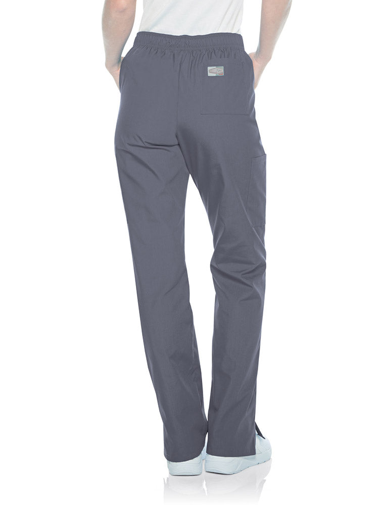 Female nurse wearing a pair of Landau Scrub Zone Women's Straight Leg Cargo Pants in grey featuring a modern tailored fit.