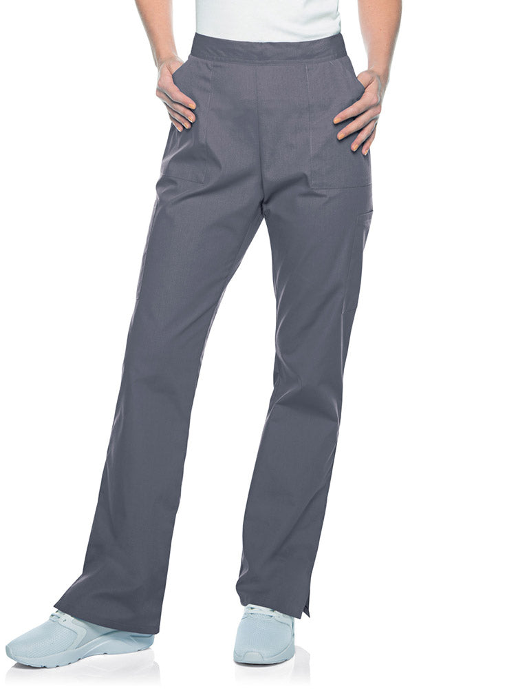 Young woman wearing a pair of Landau Scrub Zone Women's Straight Leg Cargo Pants in grey.