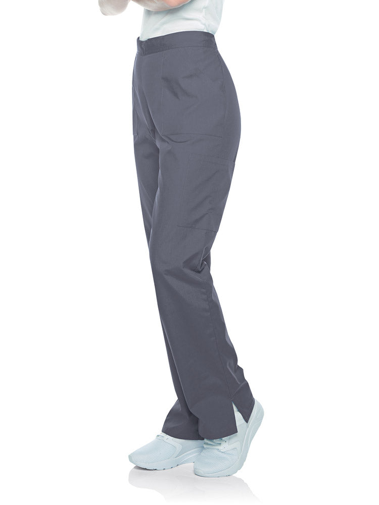 Young female healthcare professional wearing a pair of Landau Scrub Zone Women's Straight Leg Cargo Pants in grey featuring a total of 5 pockets.