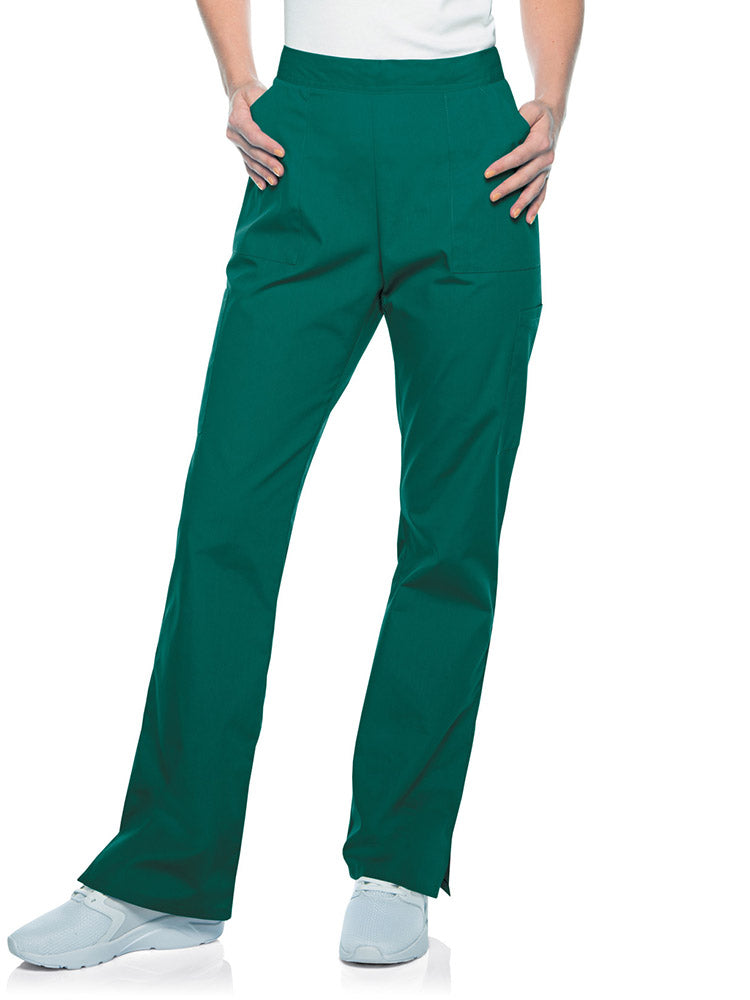 Female nurse wearing a pair of Landau Scrub Zone Women's Straight Leg Cargo Pants in hunter featuring a modern tailored fit.