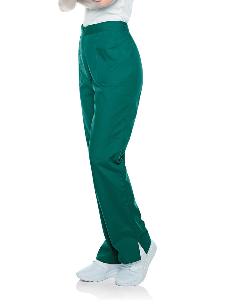 Young woman wearing a pair of Landau Scrub Zone Women's Straight Leg Cargo Pants in hunter.