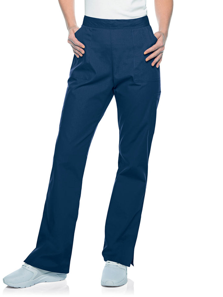 Young woman wearing a pair of Landau Scrub Zone Women's Straight Leg Cargo Pants in navy.