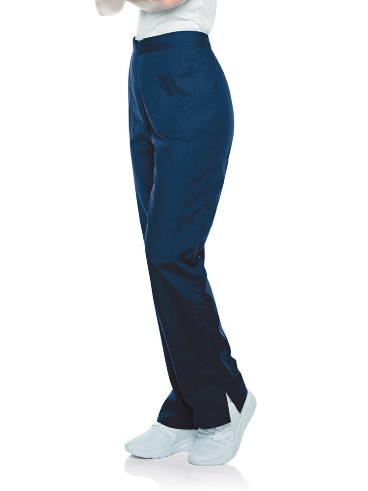 Young female healthcare professional wearing a pair of Landau Scrub Zone Women's Straight Leg Cargo Pants in navy featuring a total of 5 pockets.
