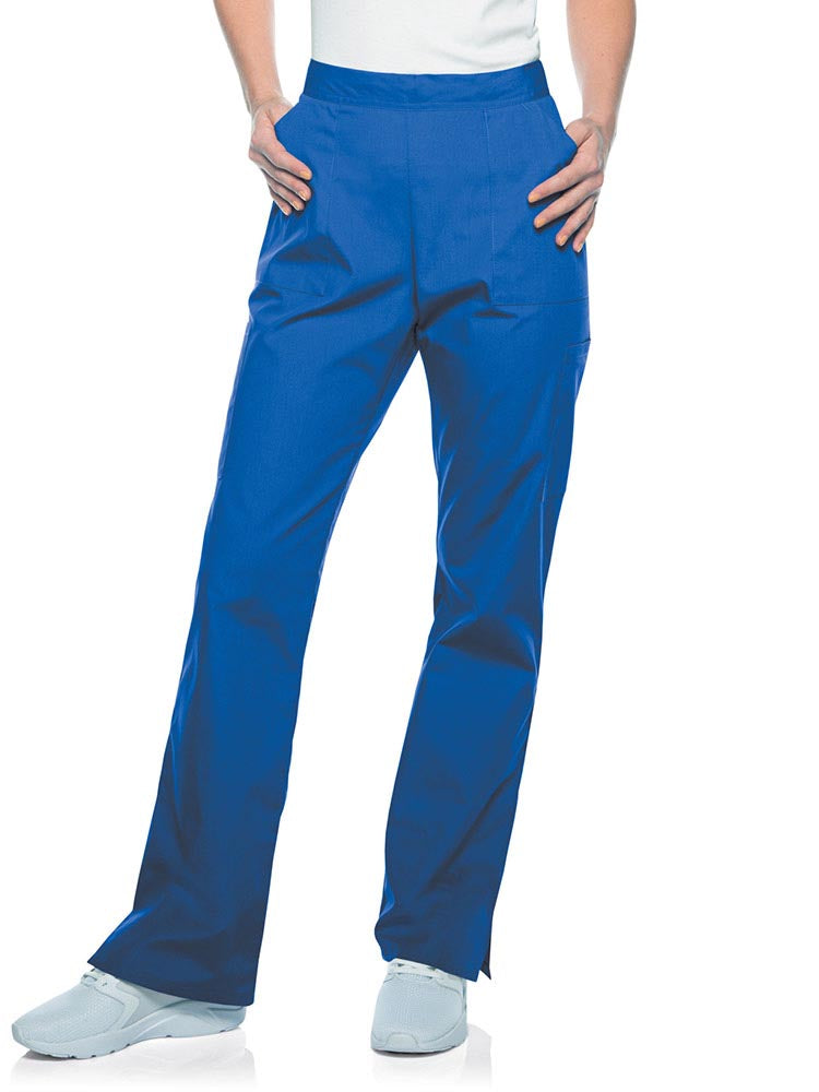 Young woman wearing a pair of Landau Scrub Zone Women's Straight Leg Cargo Pants in royal.