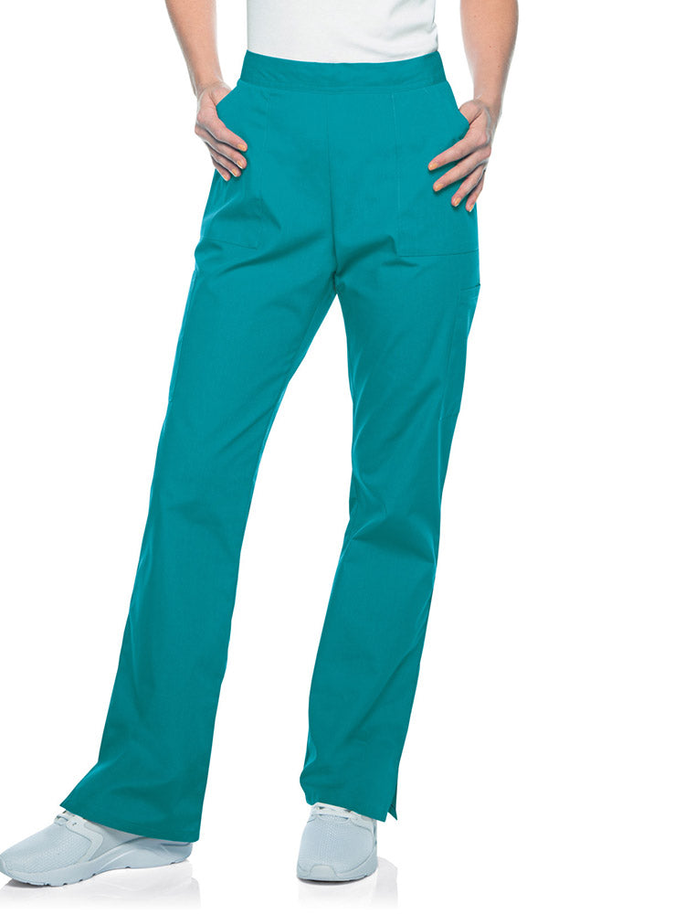 Young woman wearing a pair of Landau Scrub Zone Women's Straight Leg Cargo Pants in teal.