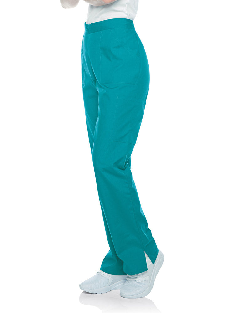 Young female healthcare professional wearing a pair of Landau Scrub Zone Women's Straight Leg Cargo Pants in teal featuring a total of 5 pockets.