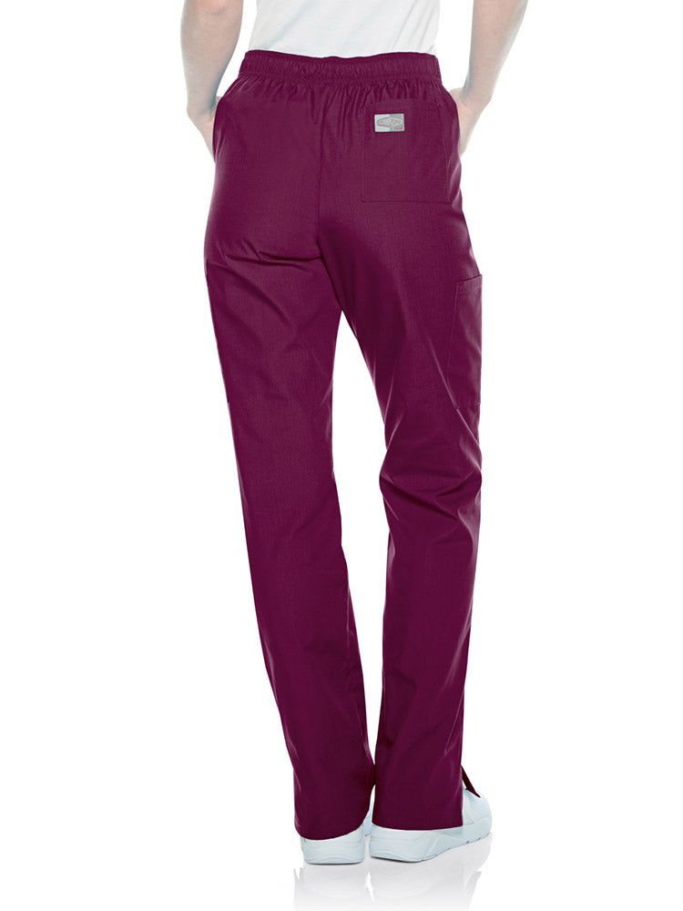 Female nurse wearing a pair of Landau Scrub Zone Women's Straight Leg Cargo Pants in wine featuring a modern tailored fit.