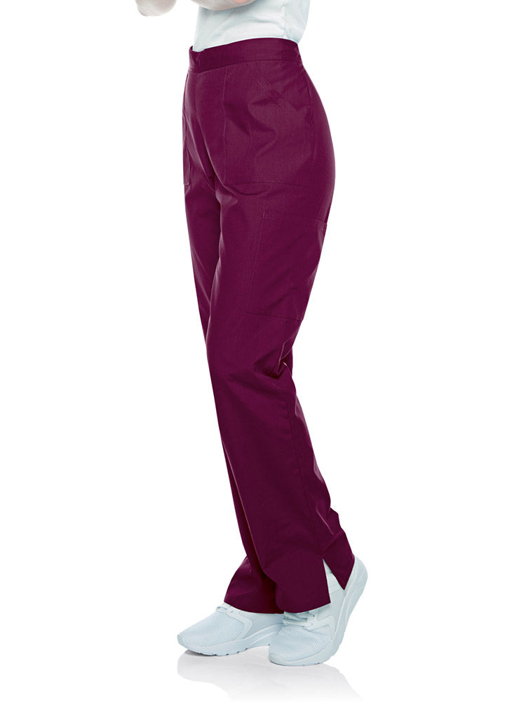 Young female healthcare professional wearing a pair of Landau Scrub Zone Women's Straight Leg Cargo Pants in wine featuring a total of 5 pockets.