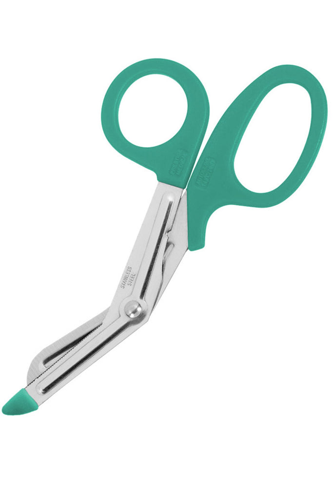 An image of the Prestige Medical 7.5" EMT Utility Scissors in Teal featuring blades with milled shear serrations.