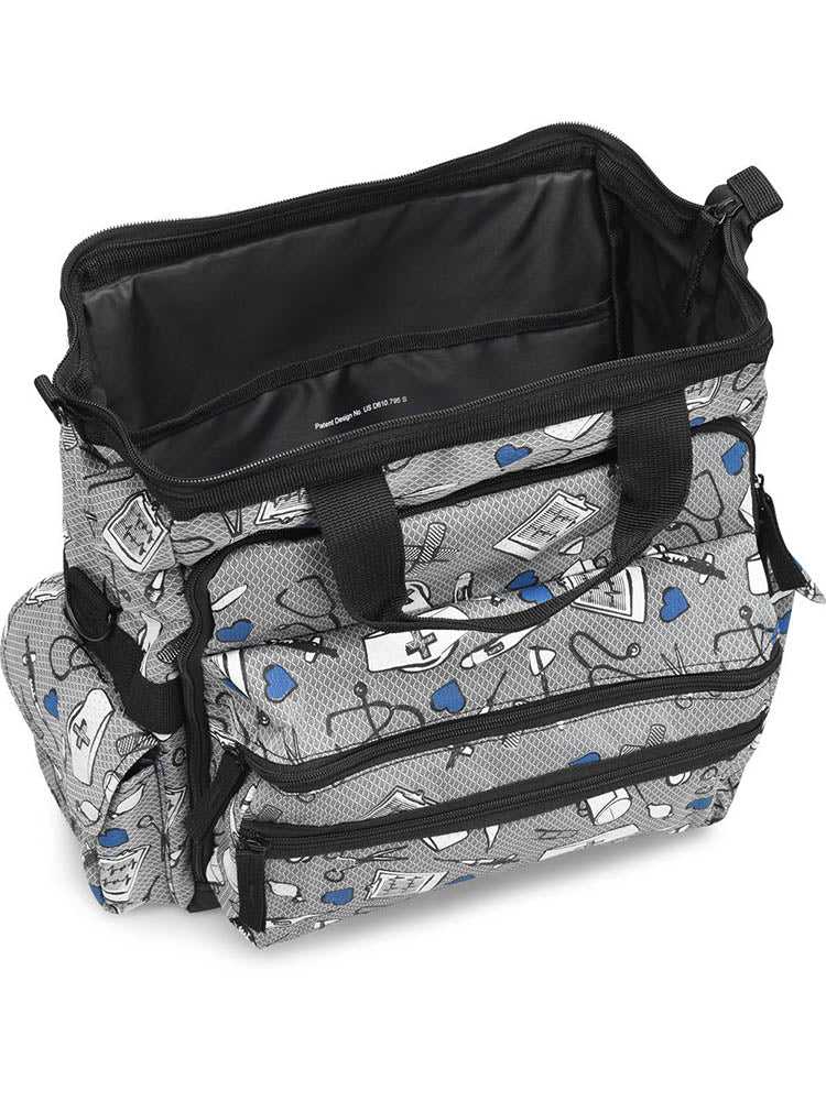 A top down picture of the Nurse Mates Ultimate Medical Bag in "Medical Print" featuring a large hinged mouth for all of your on the go storage needs.