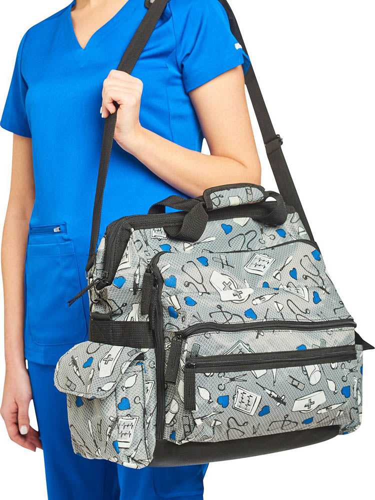 A young female CNA carrying the Nurse Mates Ultimate Medical Bag in "Medical Print" featuring a hardwearing shoulder strap.