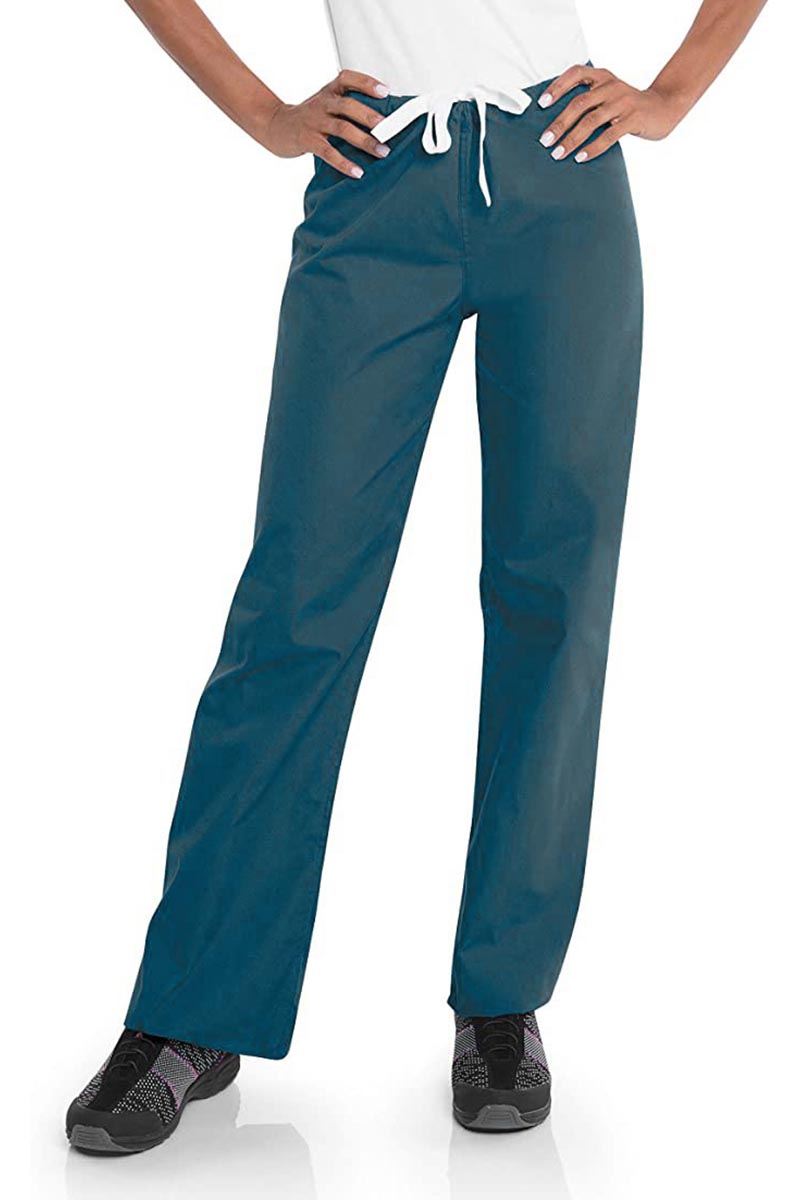 Female healthcare worker wearing a pair of Urbane Essentials Women's Straight-Leg Pants in "Caribbean Blue" featuring a unique durable fabric that is IL approved.