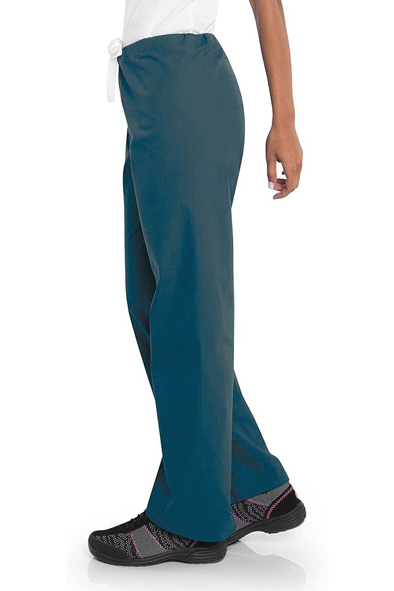 Young lady wearing a pair of Urbane Essentials Women's Straight-Leg Pants in "Caribbean Blue" featuring a high-rise full drawstring waist.