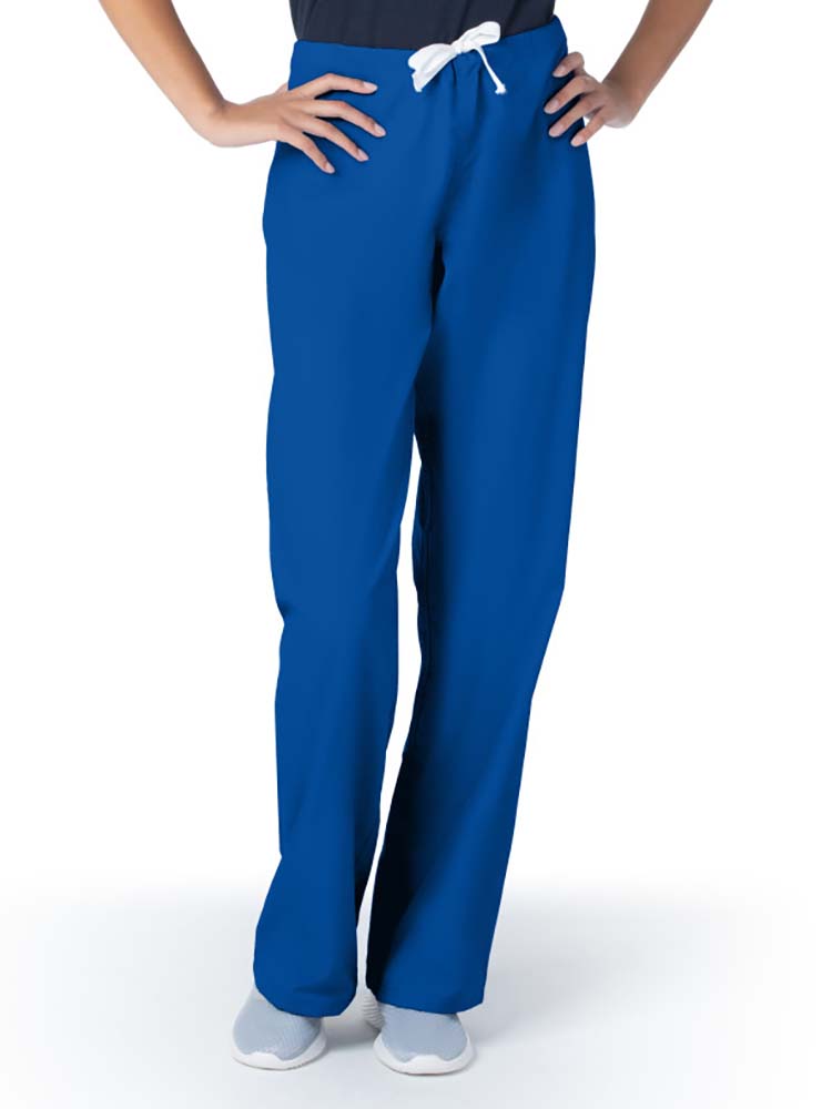 Female healthcare worker wearing a pair of Urbane Essentials Women's Straight-Leg Pants in "Galaxy Blue" featuring a unique durable fabric that is IL approved.