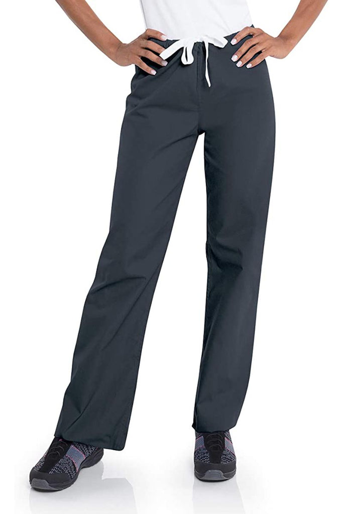 Female healthcare worker wearing a pair of Urbane Essentials Women's Straight-Leg Pants in "Graphite" featuring a unique durable fabric that is IL approved.