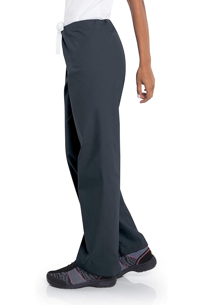 Young lady wearing a pair of Urbane Essentials Women's Straight-Leg Pants in "Graphite" featuring a high-rise full drawstring waist.