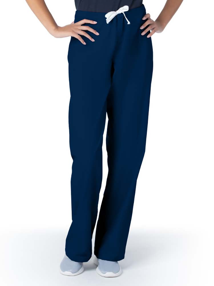 Female healthcare worker wearing a pair of Urbane Essentials Women's Straight-Leg Pants in "Navy" featuring a unique durable fabric that is IL approved.